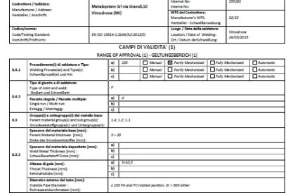 Certificato Qualità Procedimento Saldatura Wpqr - Metalsystem Milano