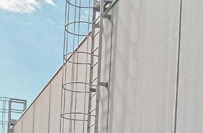 Dettaglio paraschiena di protezione scala con gabbia marinara per accesso tetto azienda - © Metalsystem Milano