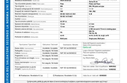 Certificato qualifica saldatore norma UNI EN ISO 9606-1:2017