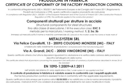 Metalsystem: Certificato conformita controllo produzione in fabbrica EN 1090 0497 cpr 72